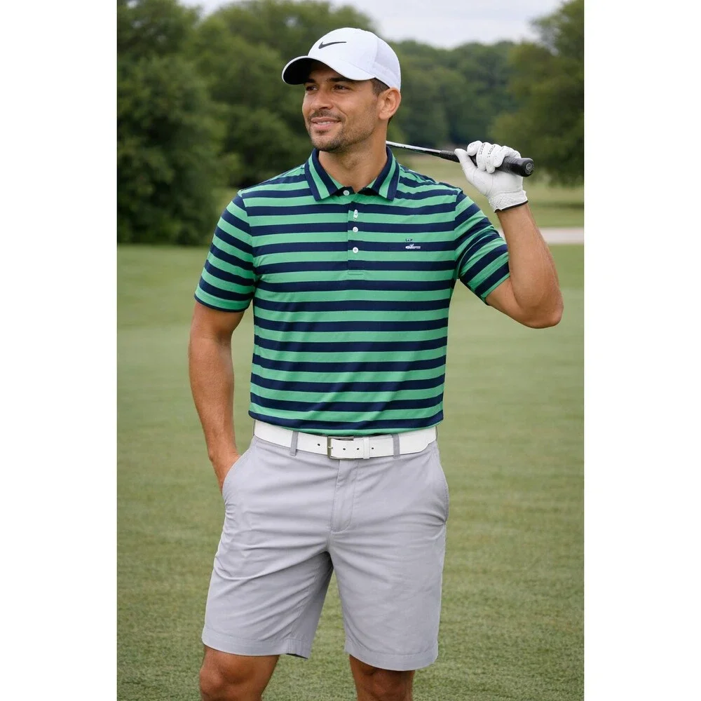 RLX Ralph Lauren Men's S Golf Polo Shirt Green Navy Stripe Performance Stretch